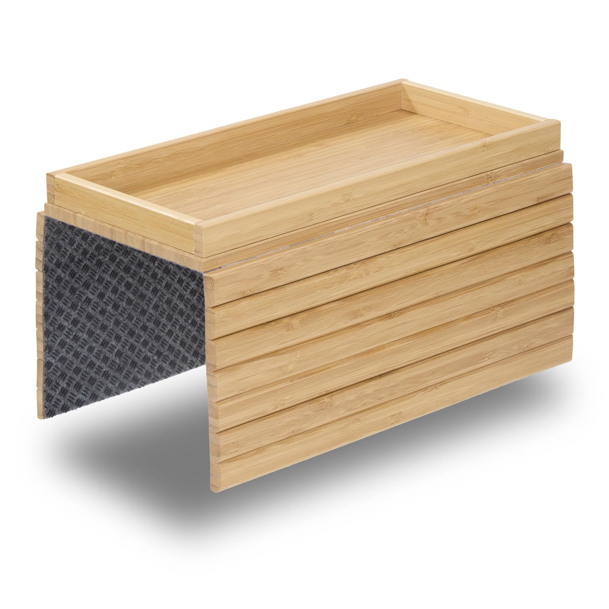 DETOR front view of bamboo couch tray showing storage box and sleek silhouette for tidy surfaces