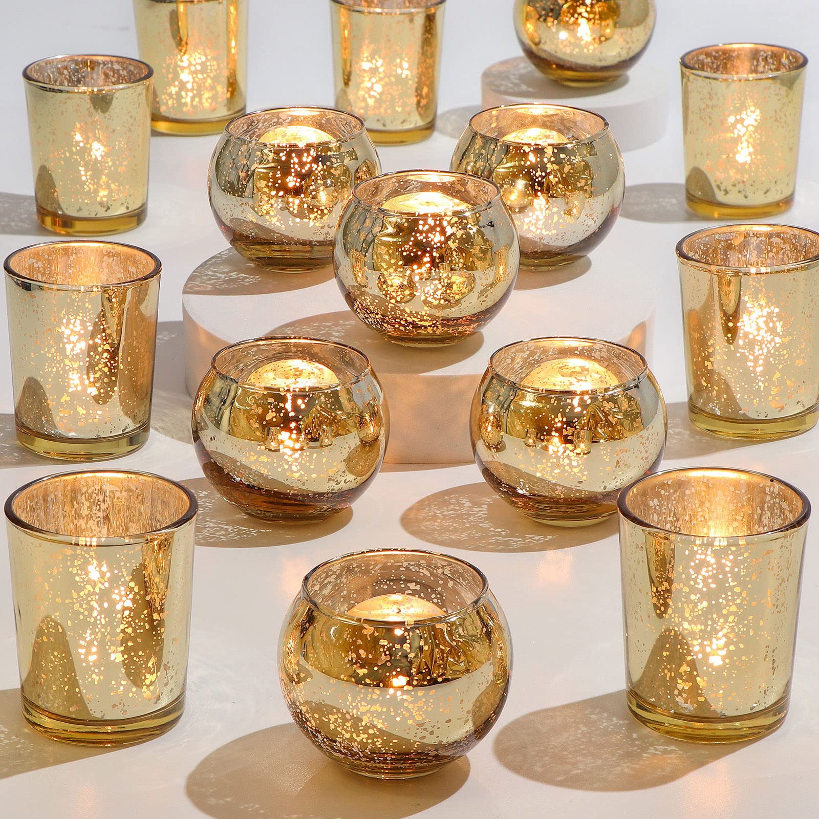 DEVI front view of gold votive holder set showing packaging and metallic sheen