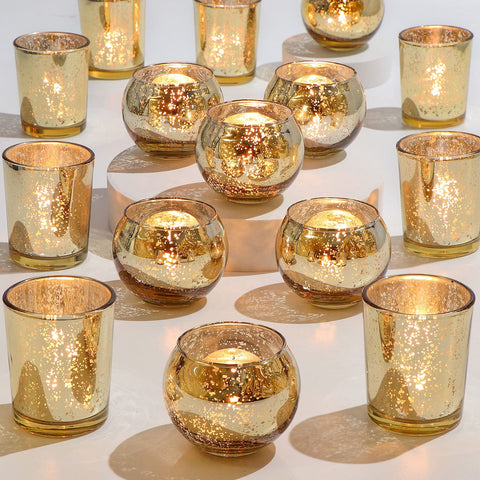 DEVI front view of gold votive holder set showing packaging and metallic sheen