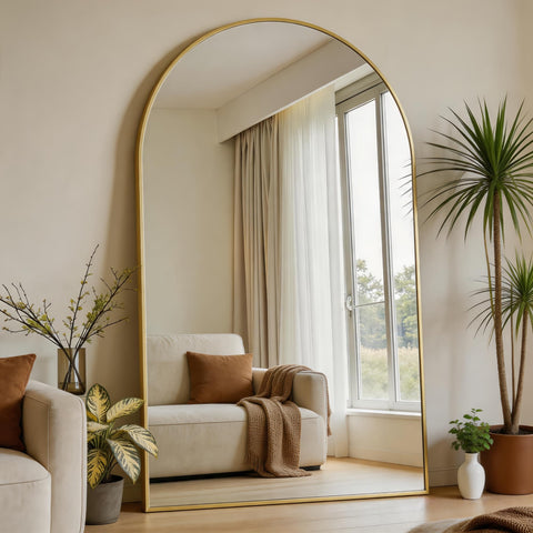 Dewfig arched full length mirror front view adds elegant focal point