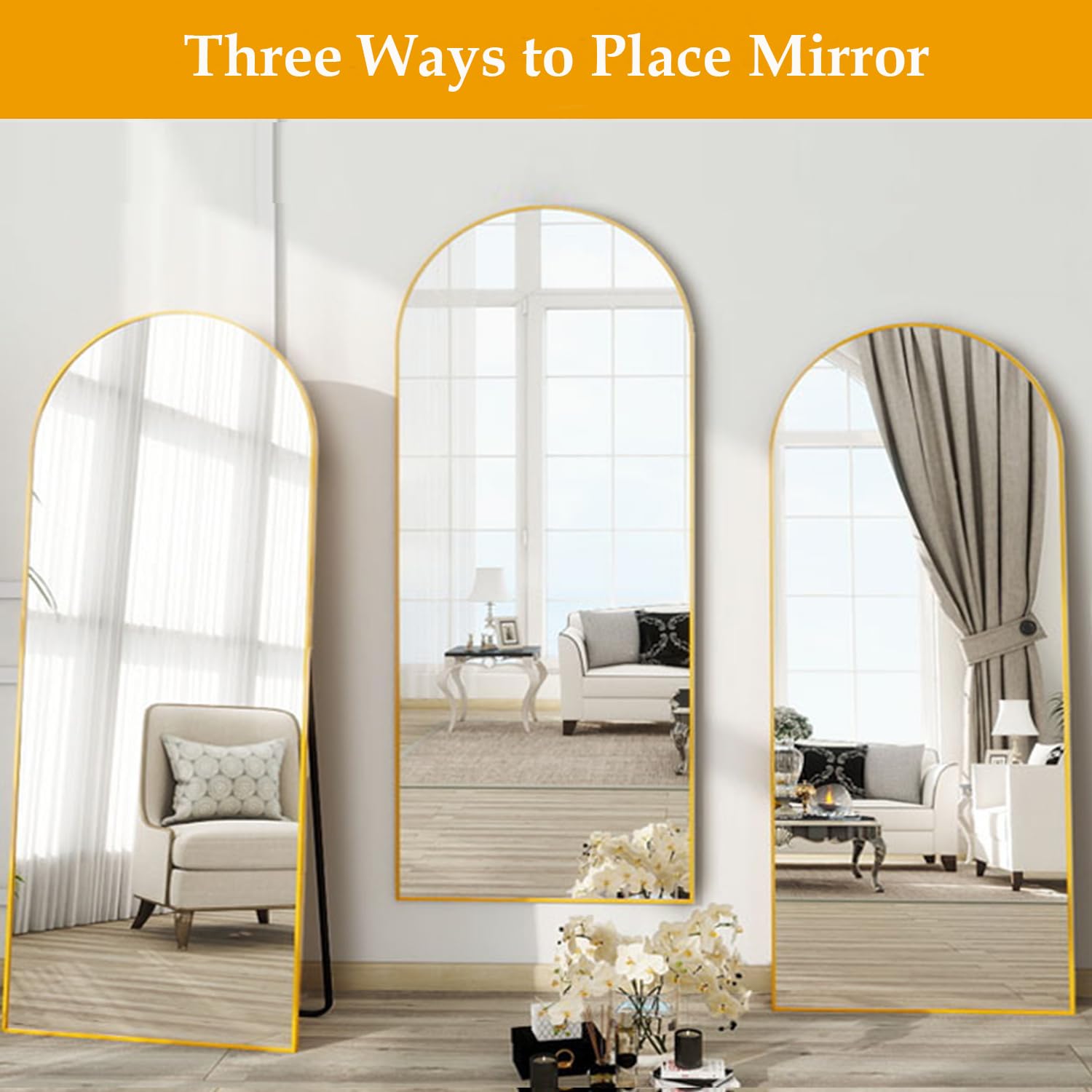 Dewfig mirror hung in entryway creates welcoming, light-reflecting effect