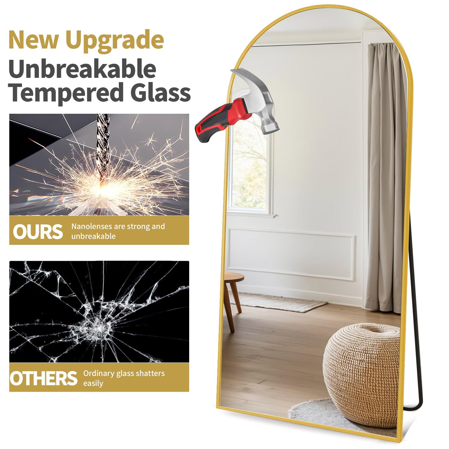 Dewfig mirror next to door for scale demonstrates generous 76 by 34 inches