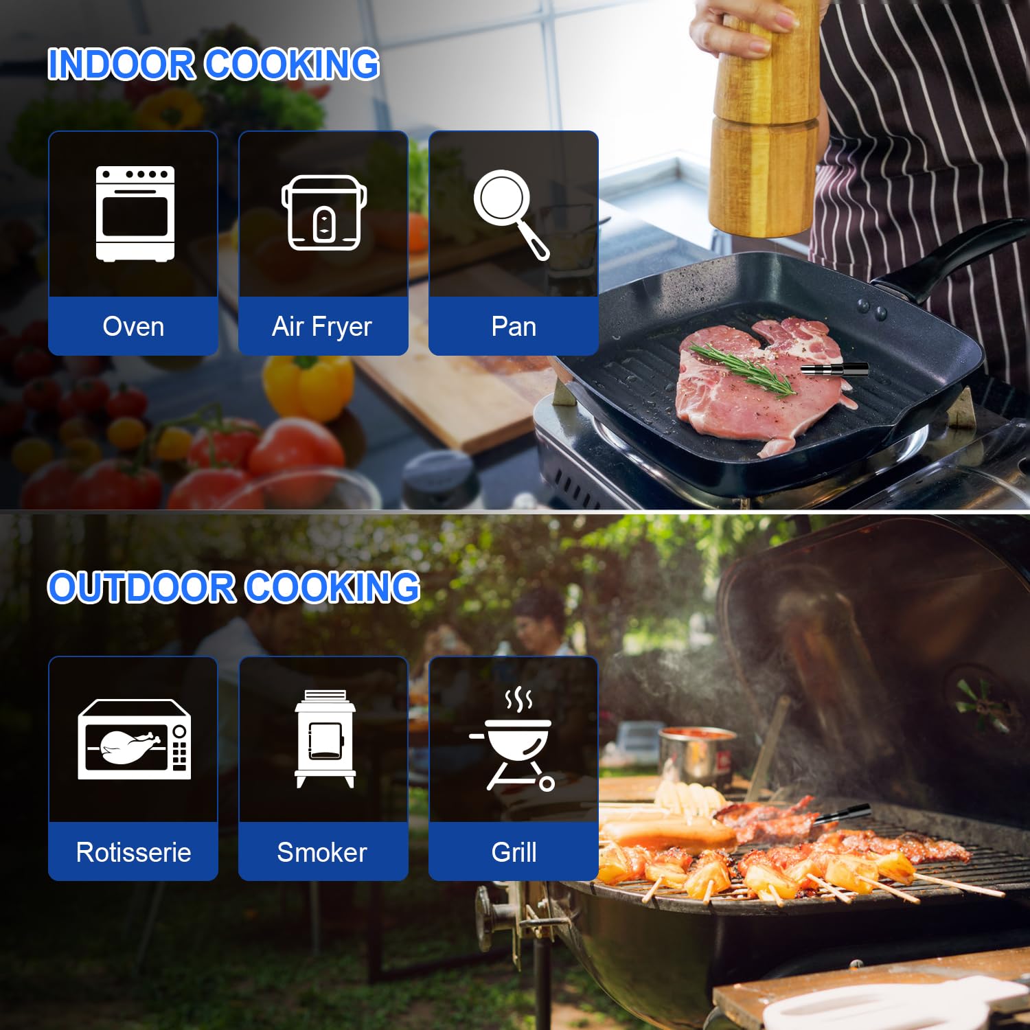 Dewjom probe in oven roast showing safe high-heat cooking use