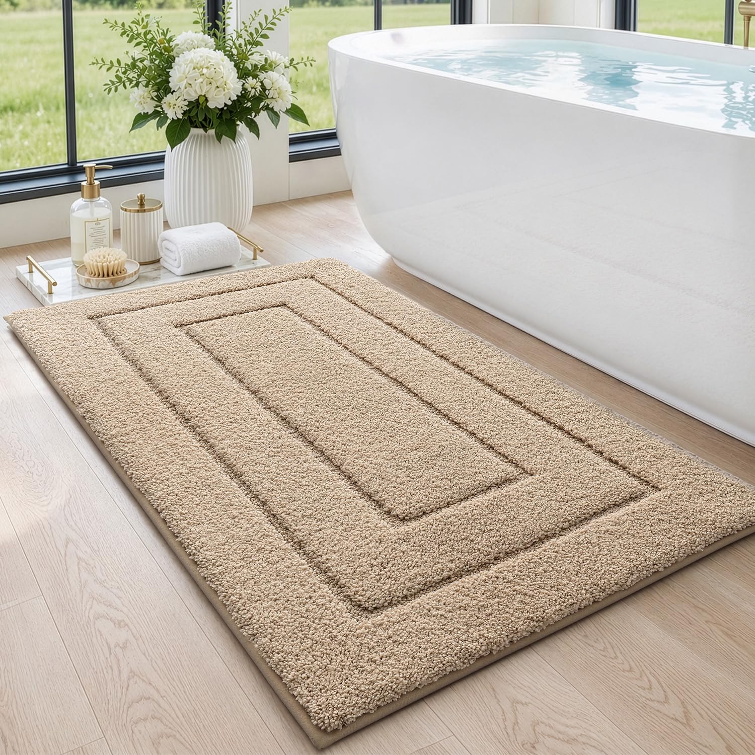 DEXI bath mat front view showing beige color and clean design for decor versatility