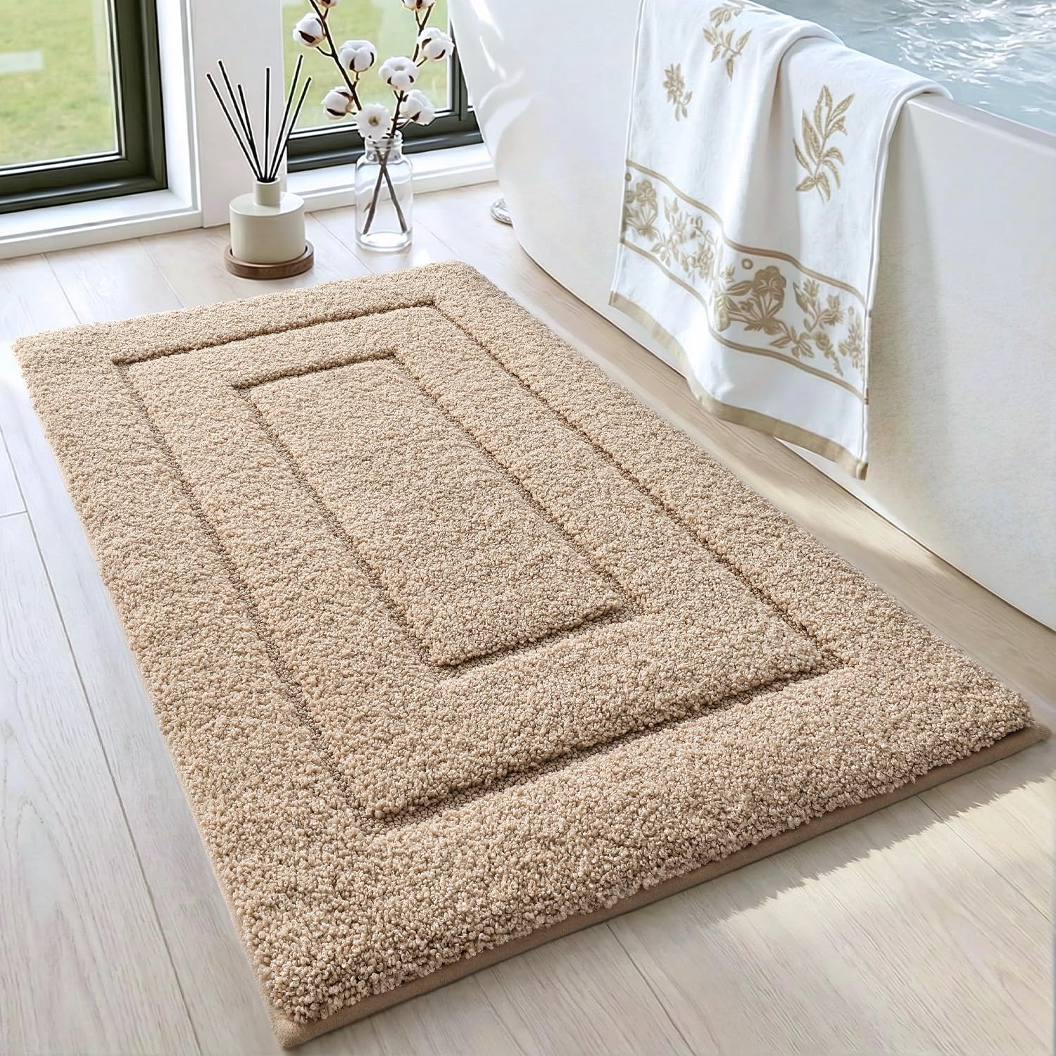 DEXI bath mat front view showing beige color and full coverage; adds comfort