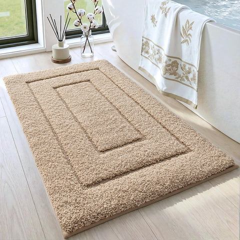 DEXI bath mat front view showing beige color and full coverage; adds comfort