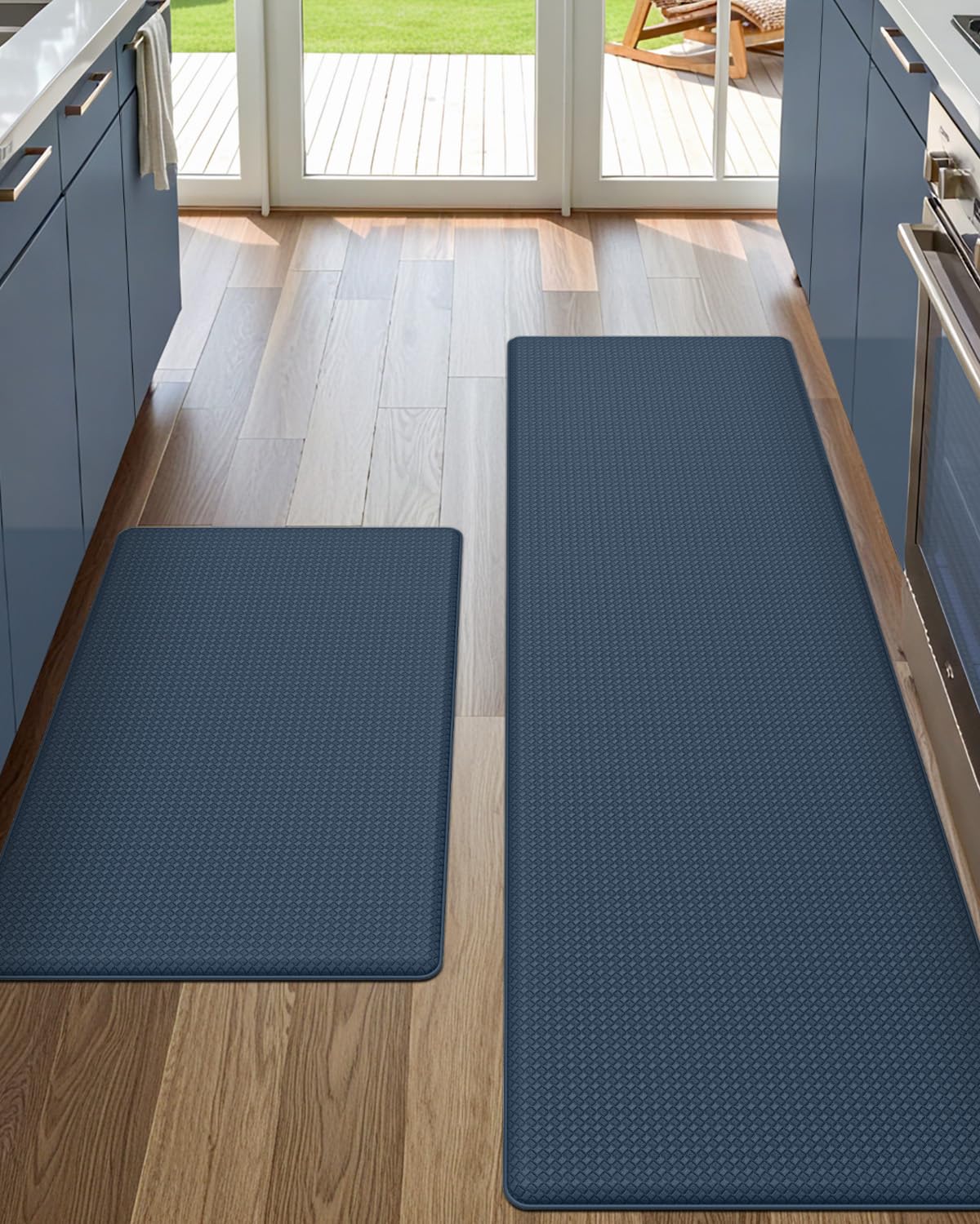 DEXI front view of dark blue mats showing clean look and protection