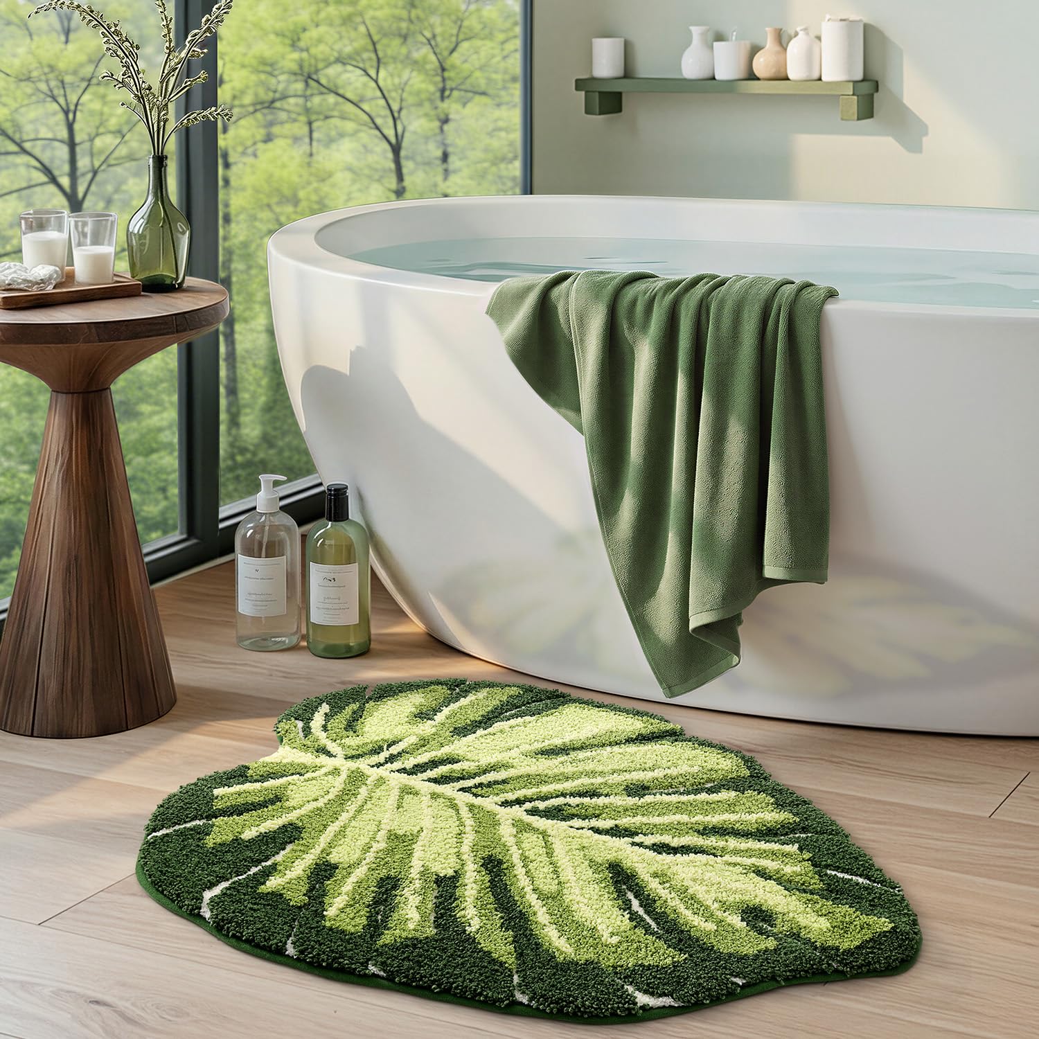 DEXI mat in use beside bathtub illustrating water absorption