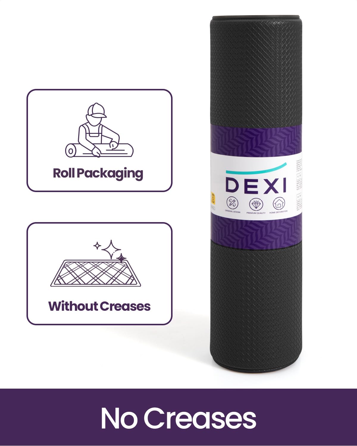 DEXI backside label close-up detailing materials and waterproof benefits