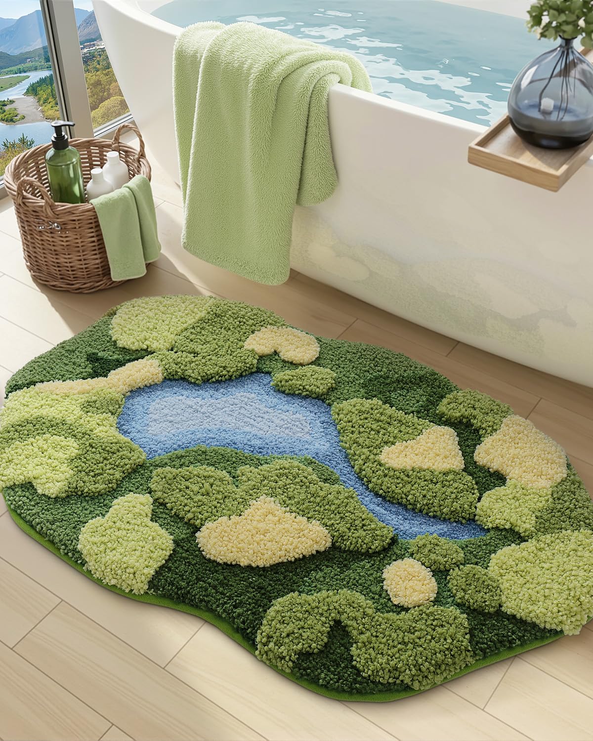 DEXI front view of green oval moss bath mat showing plush surface and welcoming look