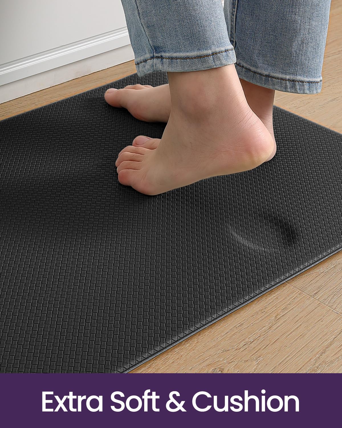 DEXI mat under a standing desk showing ergonomic anti-fatigue support for workdays