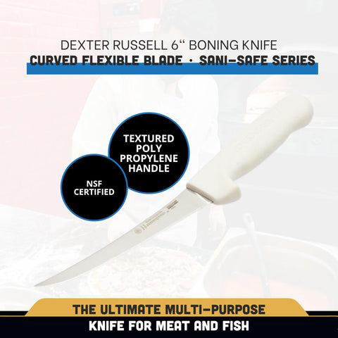 Dexter blade close-up highlighting high-carbon stain-free steel and flexibility benefit