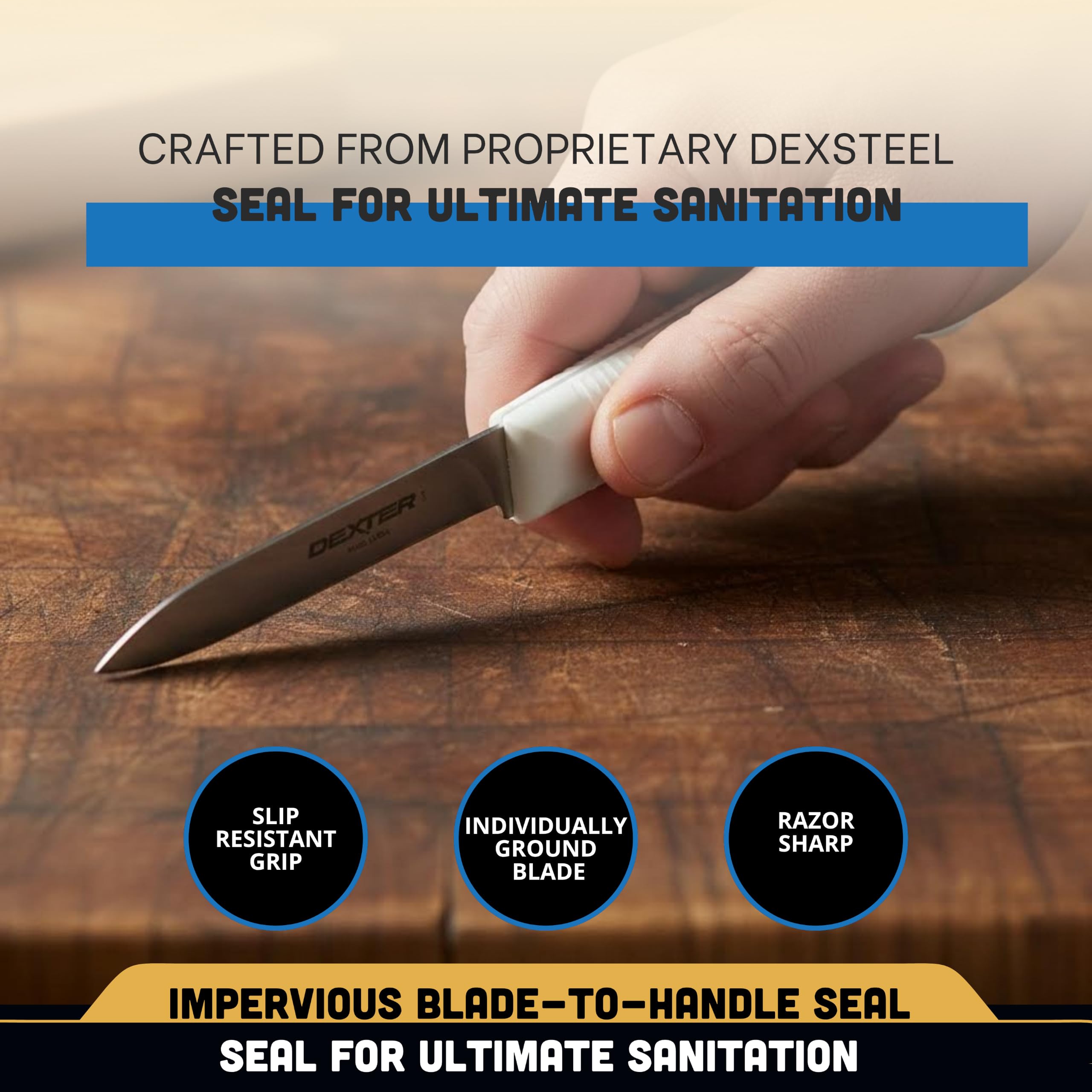 Dexter knife held in hand to show scale and comfortable ergonomic benefit