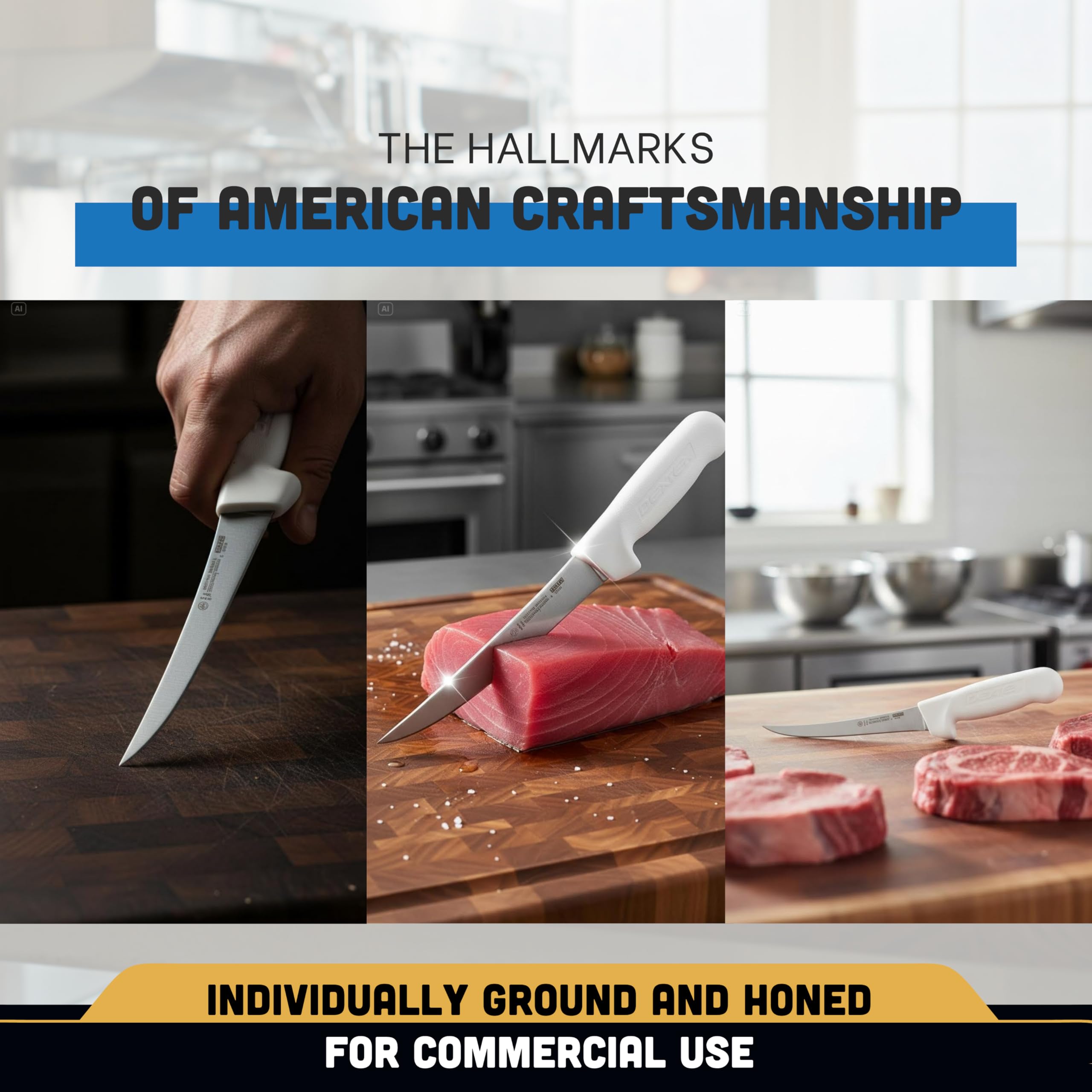 Dexter knife beside ruler scale showing 6-inch blade for size and reach clarity