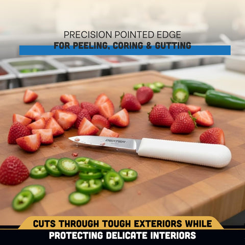 Dexter knives on a stainless prep table demonstrating commercial-grade durability