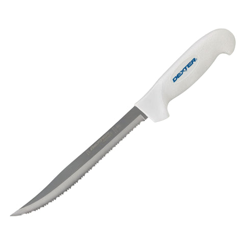 Dexter Outdoors front view of 8 inch fillet knife showing full blade and white handle for reliable control