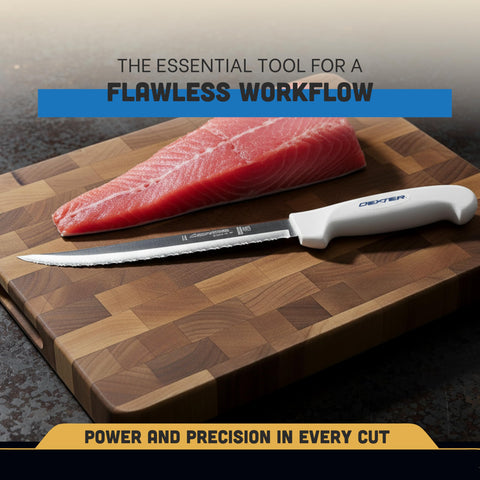 Dexter Outdoors fillet knife in use on fish filleting station demonstrating clean, precise cuts