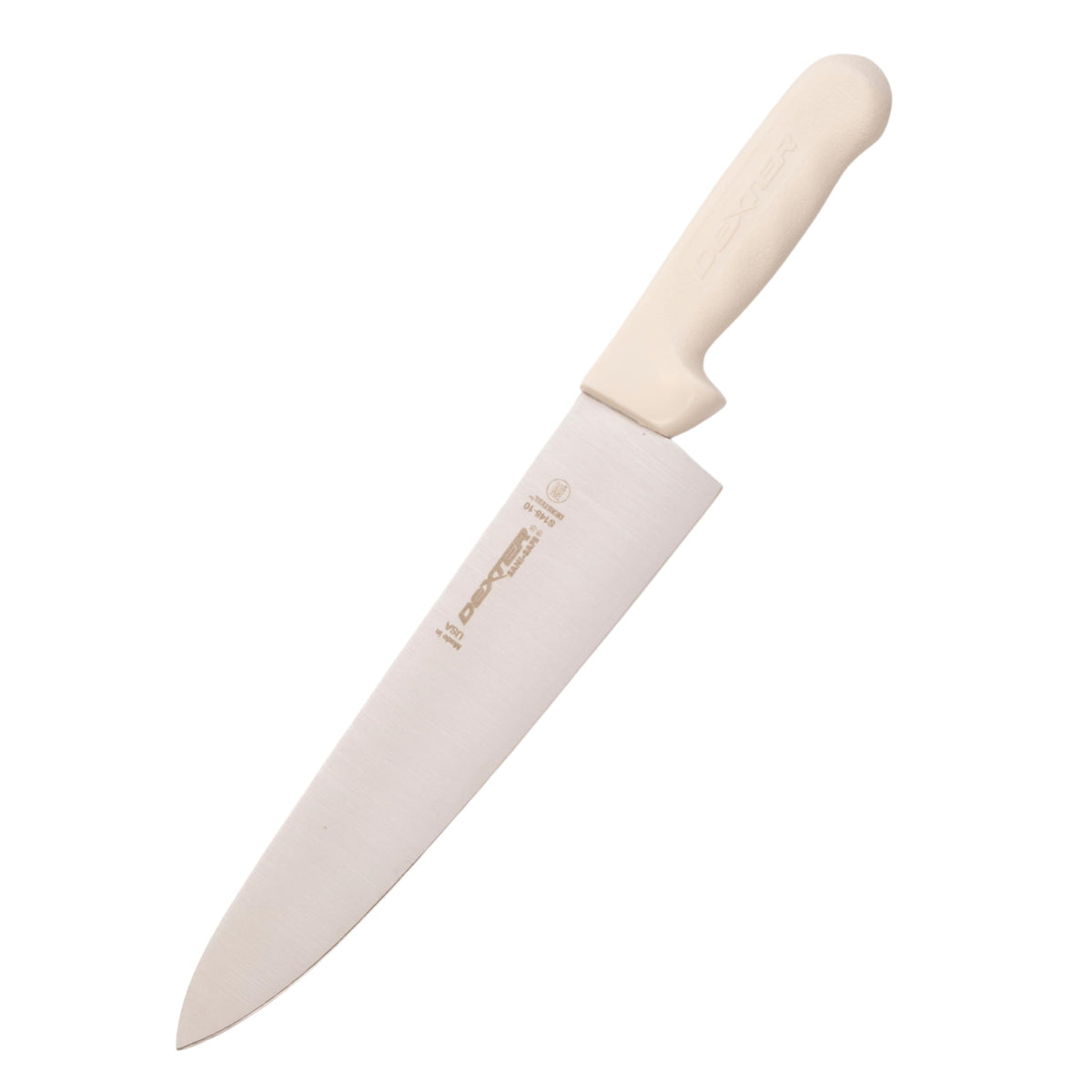Dexter-Russell front view showing full 10-inch chef's knife, clear branding and shape for precision