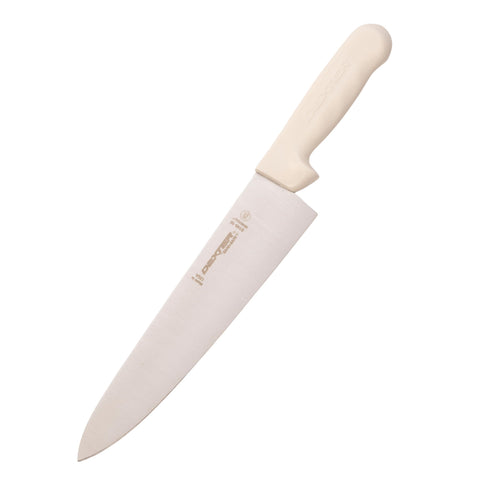 Dexter-Russell front view showing full 10-inch chef's knife, clear branding and shape for precision