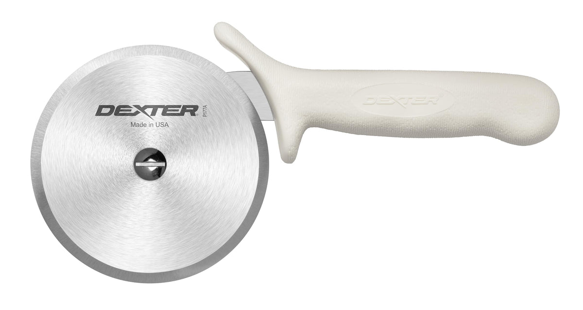Dexter-Russell front view of pizza cutter showing compact durable design and precise slicing