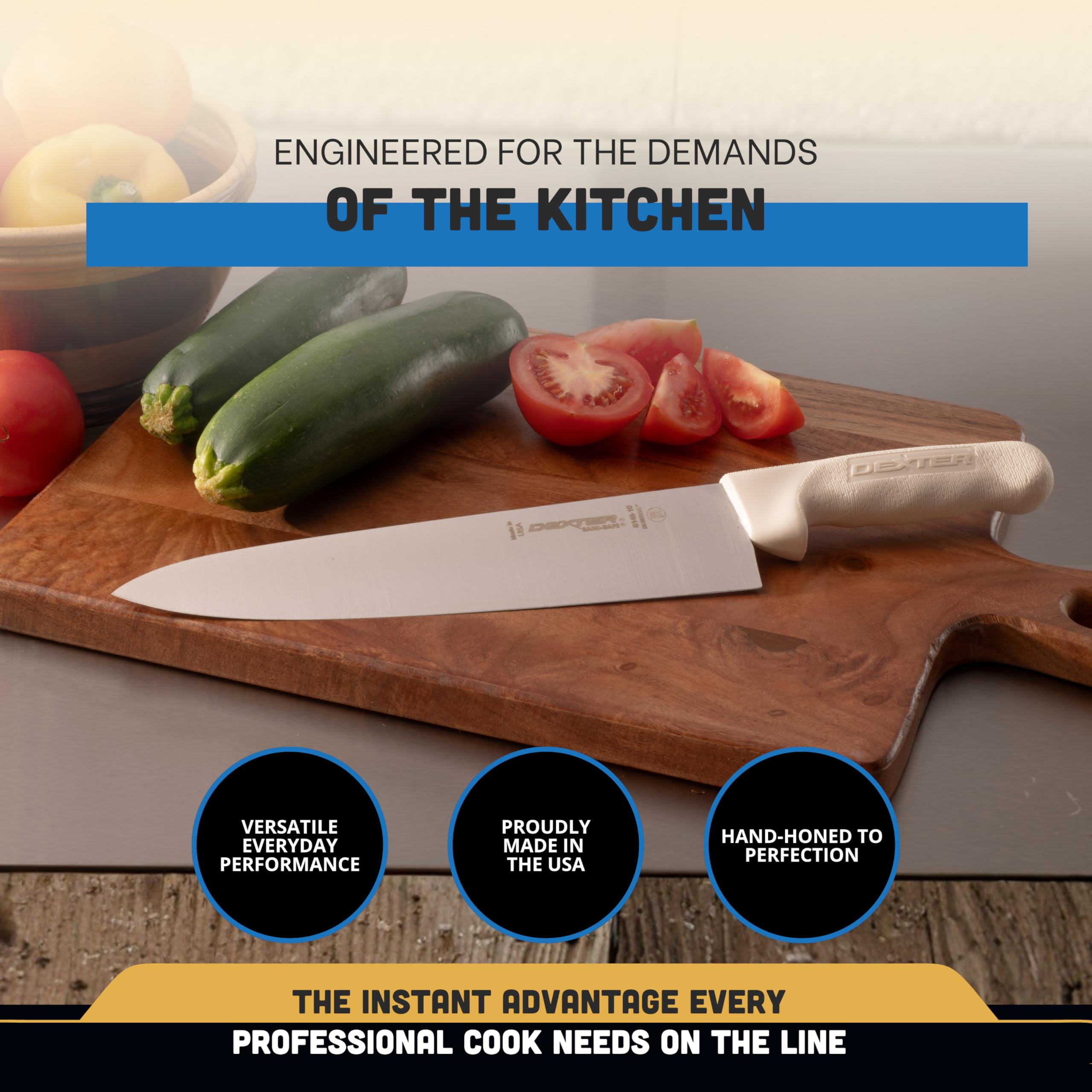 Dexter-Russell knife in use chopping vegetables quickly, improving prep speed