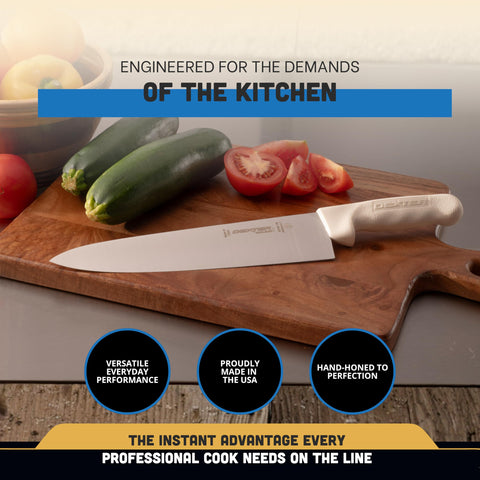 Dexter-Russell knife in use chopping vegetables quickly, improving prep speed