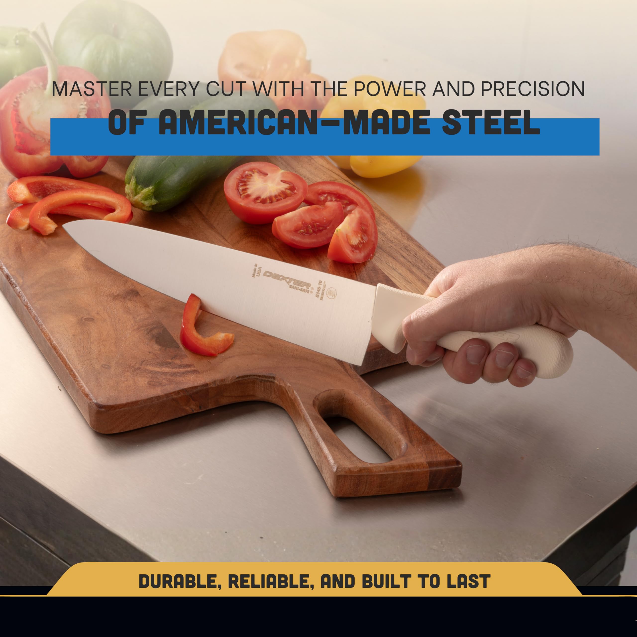 Dexter-Russell next to ruler for size comparison showing true 10-inch blade control