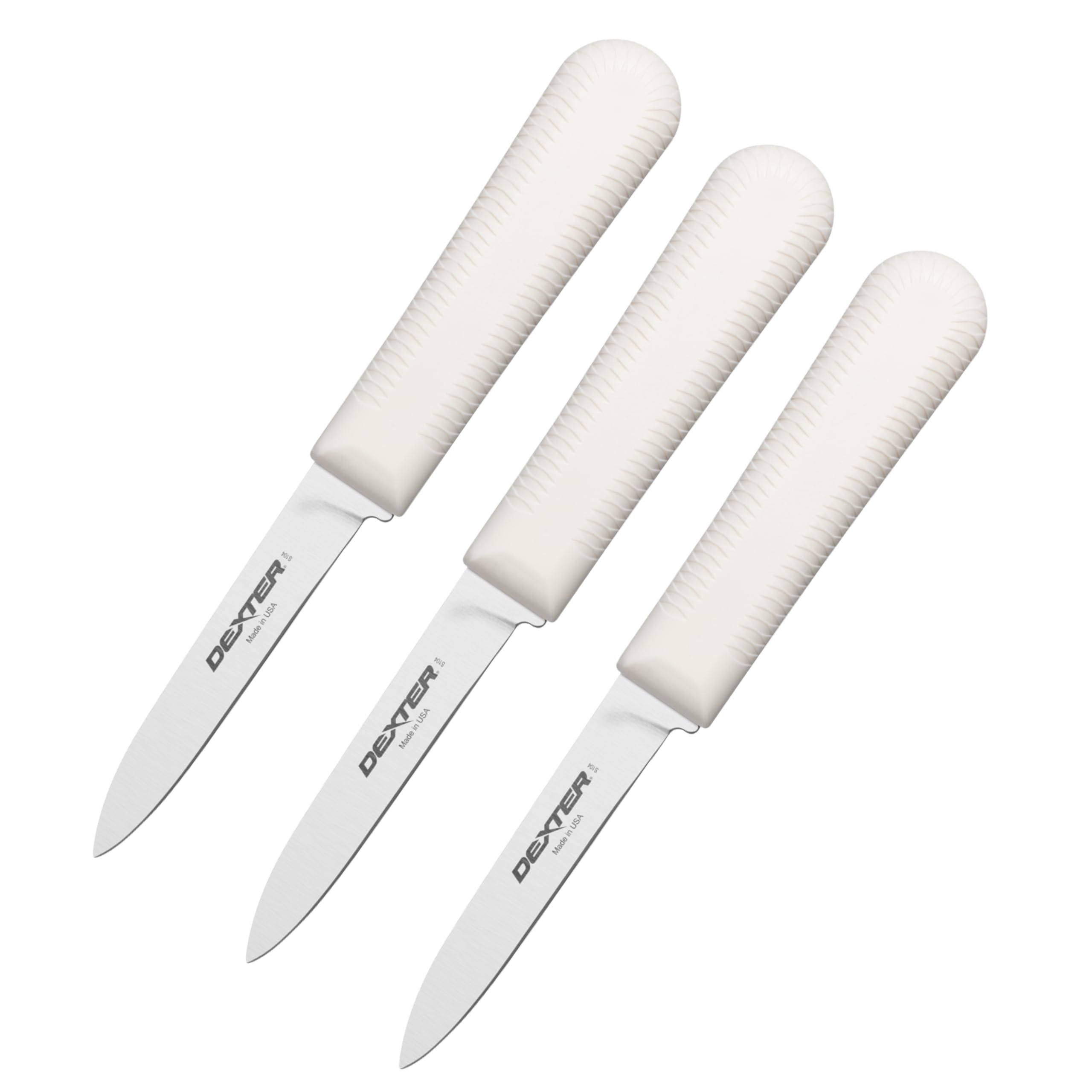 Dexter front view showing three paring knives and white handles for consistent performance