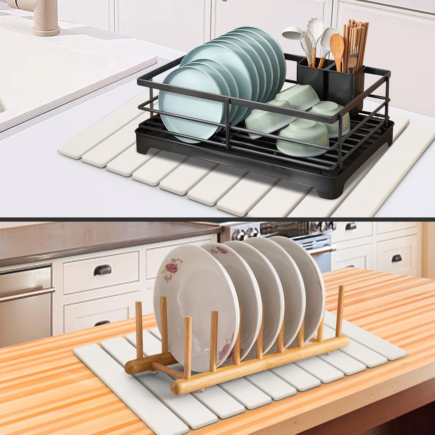 DFJKJUU mat with dishes and bottles demonstrating quick-dry use and organized counter space