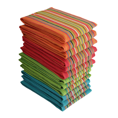 DG Collections front pack of twelve salsa stripe towels showing size and color benefits