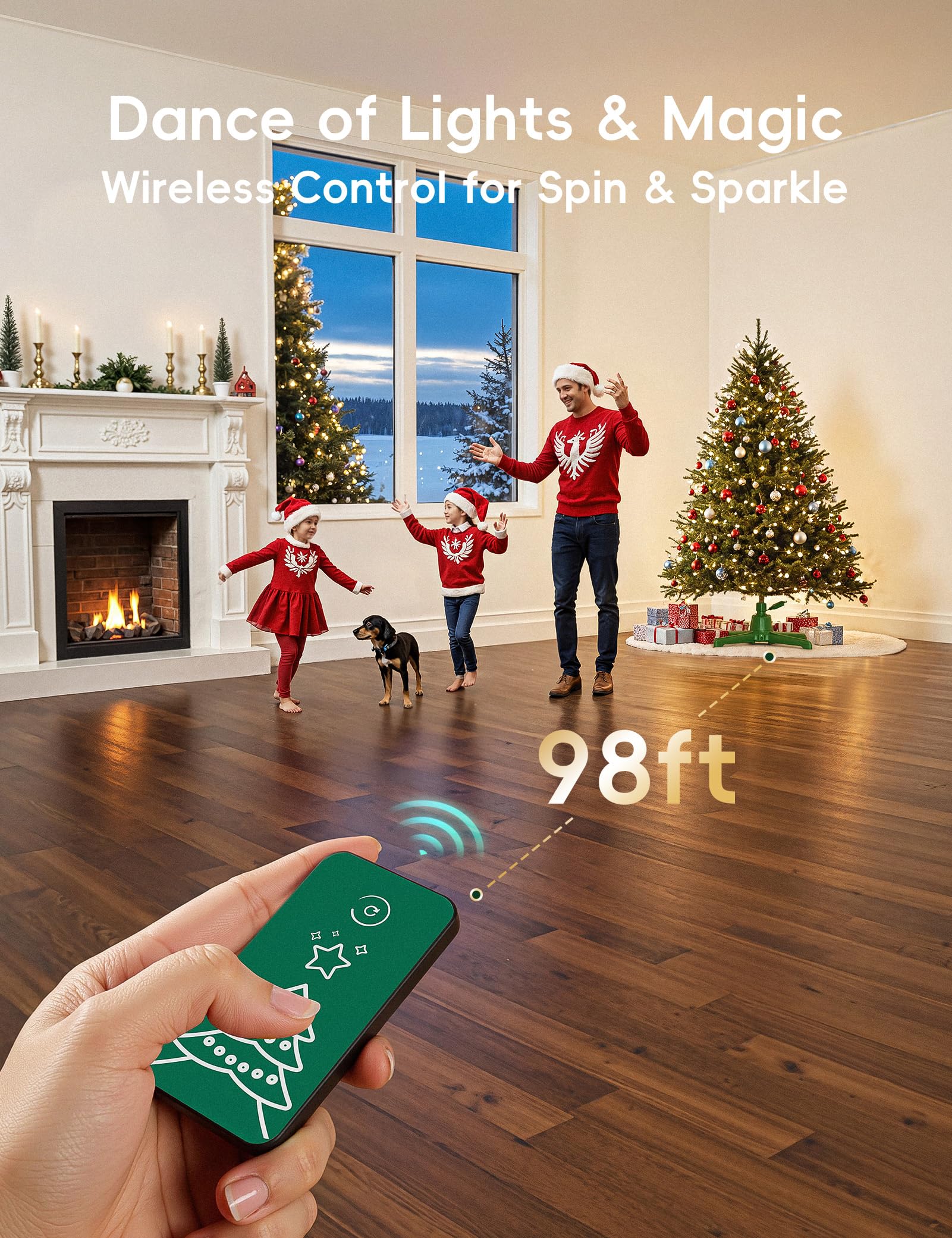 DG-Direct stand with tree in living room illustrating spinning centerpiece and festive ambiance