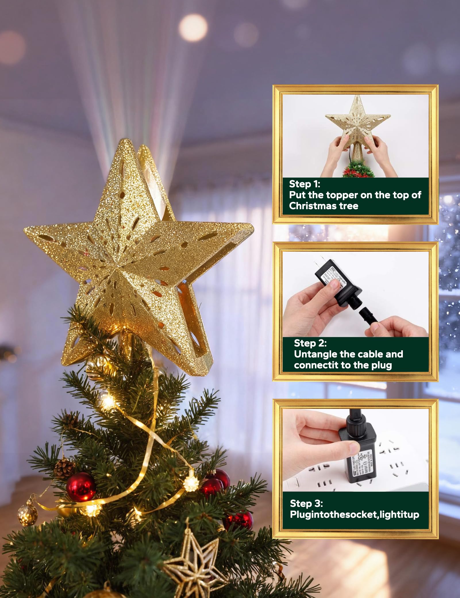 DG-Direct star mounted on a Christmas tree creating warm rotating snowflakes