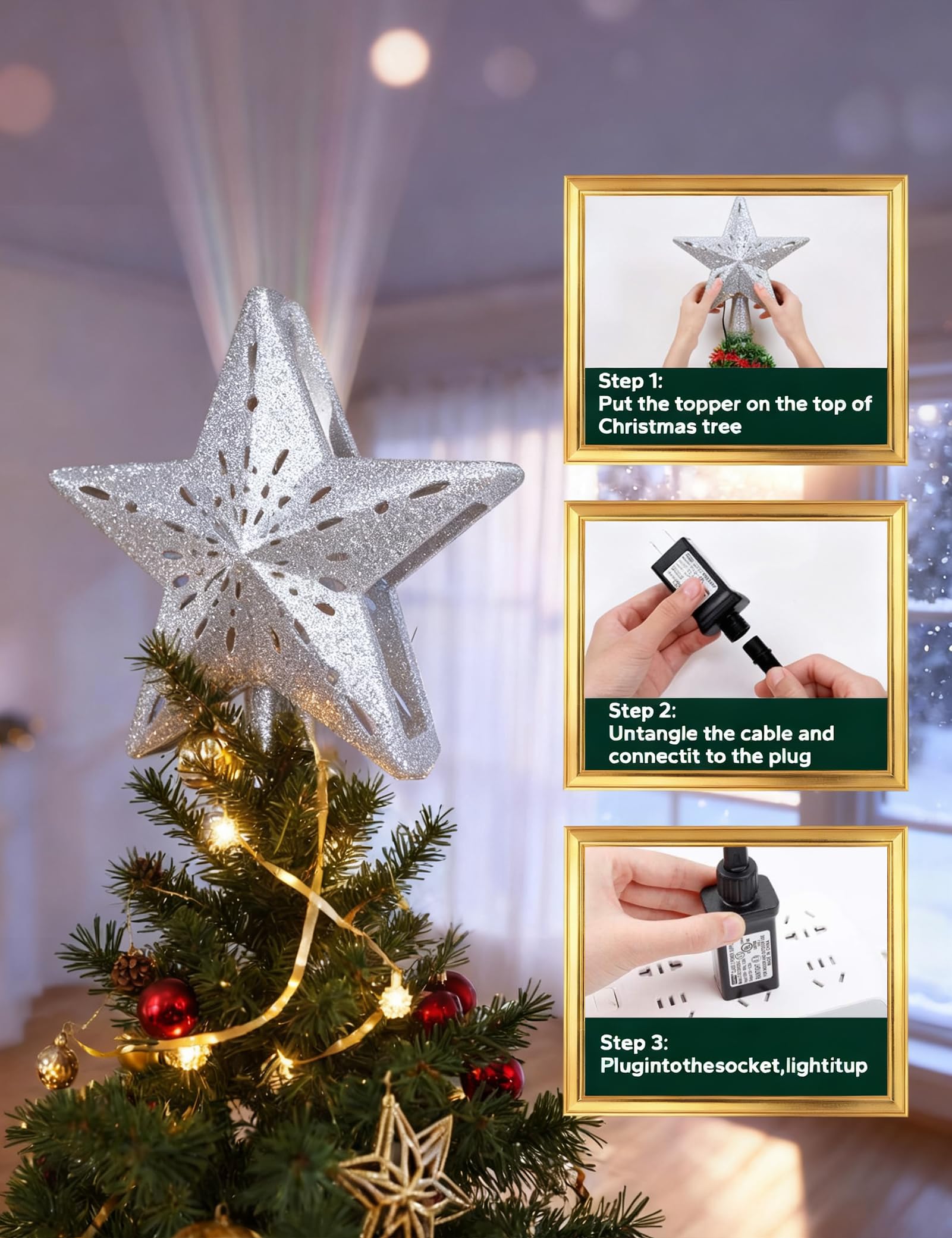 DG-Direct star topper placed on decorated tree in living room offering warm holiday atmosphere