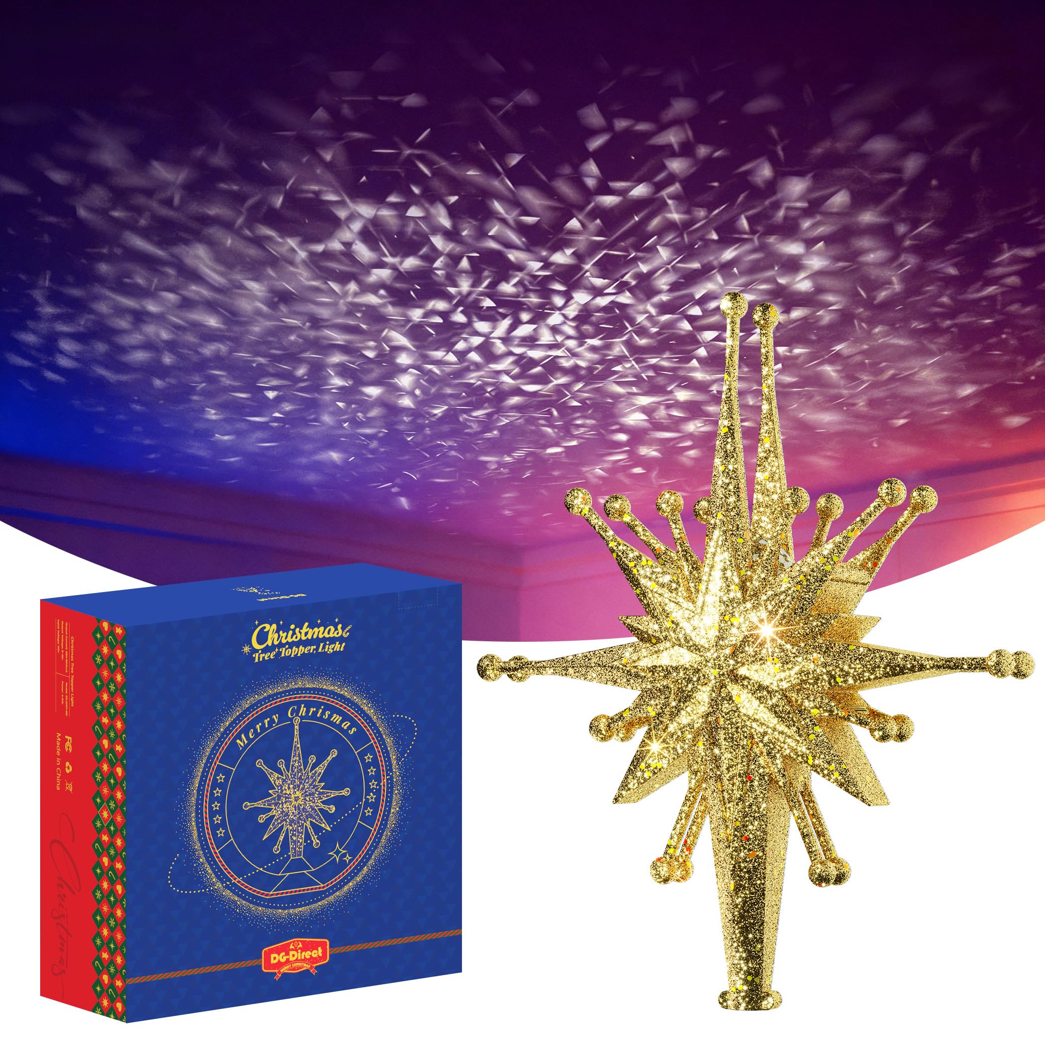 DG-Direct front view of topper showing gold glitter and elegant shape, enhancing tree crown