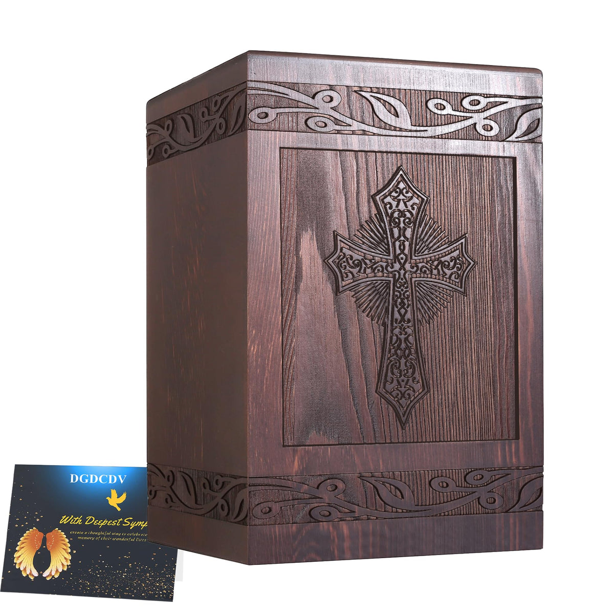 DGDCDV wooden urn front view showing dignified cross and secure storage