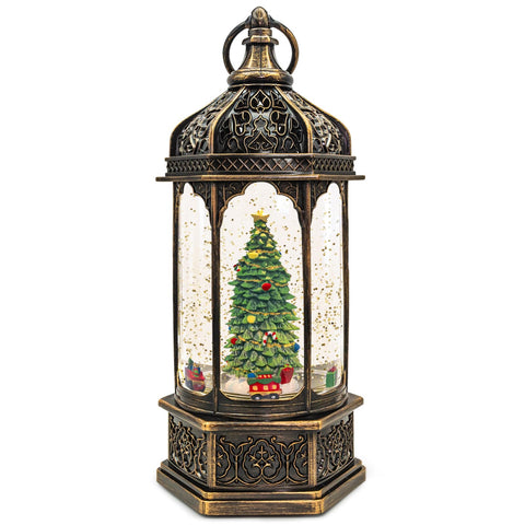 DGSCAK bronze lantern front view showing rotating festive scene and warm glow