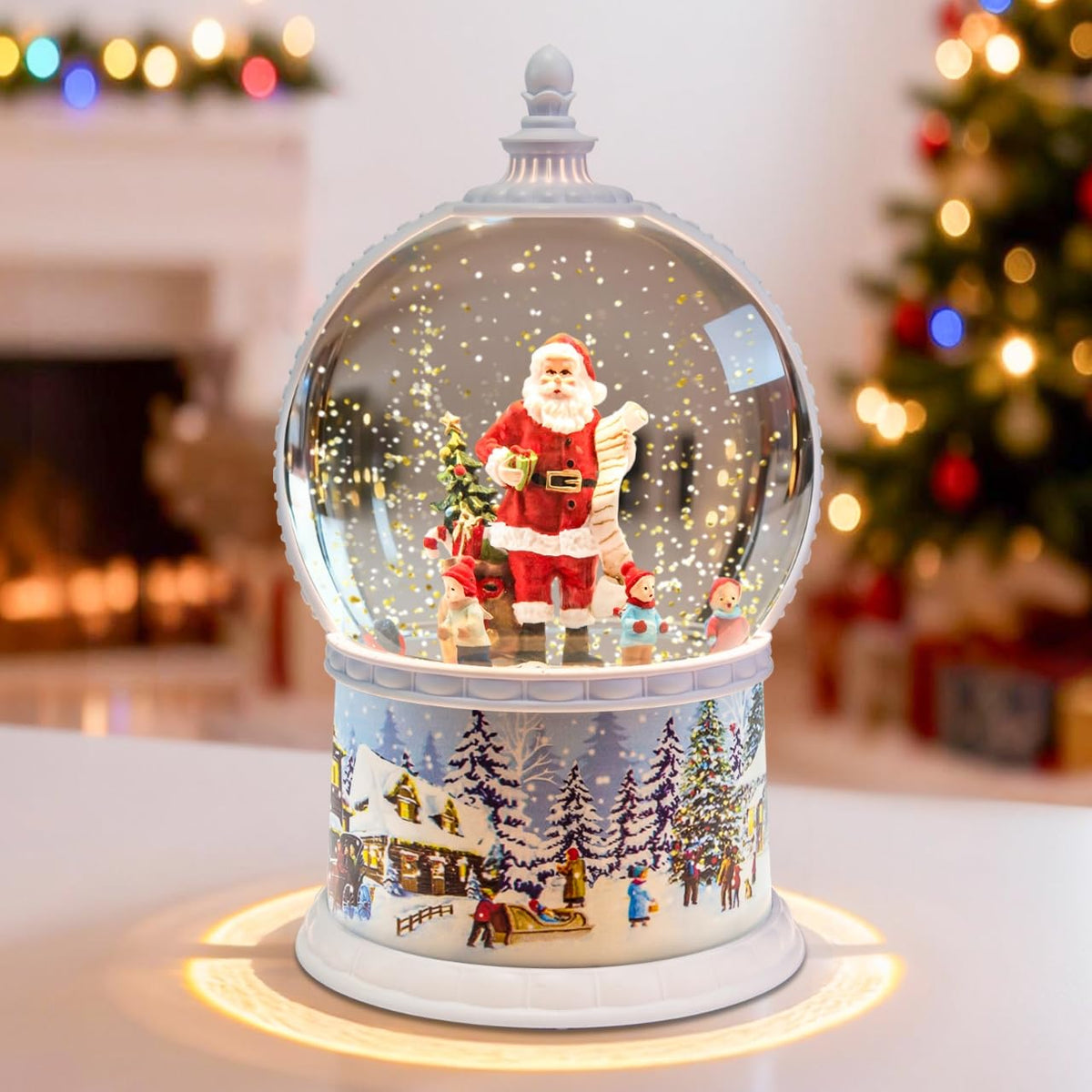 DGSCAK front view of snow globe lantern showing warm glow and vintage charm
