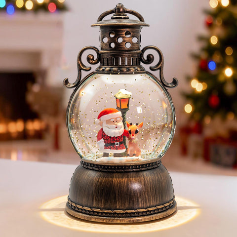 DGSCAK vintage lantern front view showing illuminated Santa scene and warm glow benefit