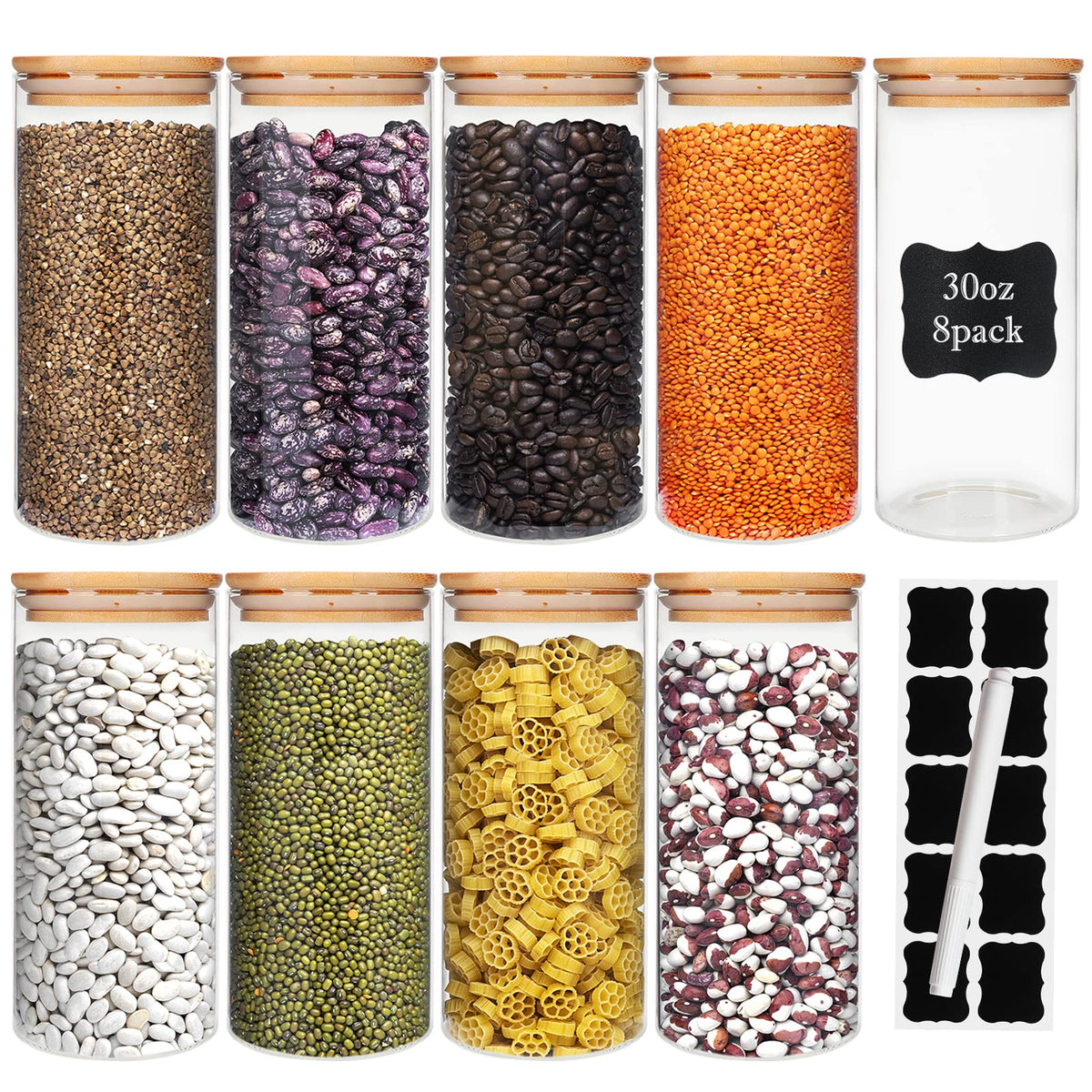 DHSBTLS front view of eight clear glass jars showing organized pantry benefit