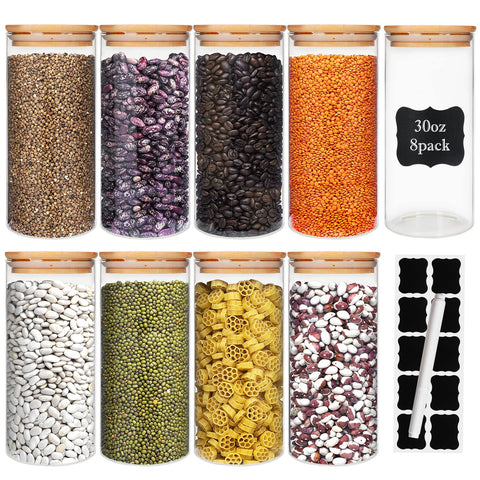 DHSBTLS front view of eight clear glass jars showing organized pantry benefit