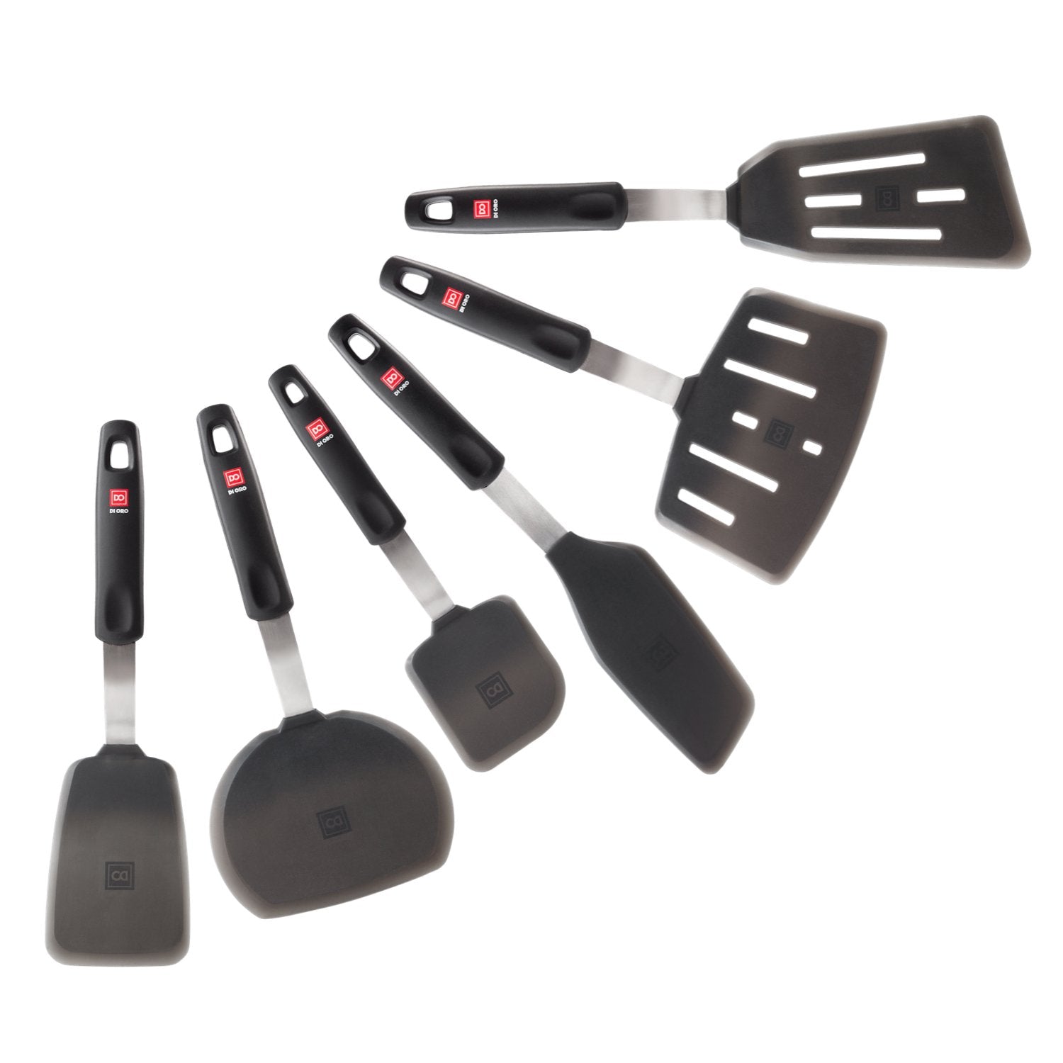 di oro living front packaging showing six black silicone turners, clear set benefit