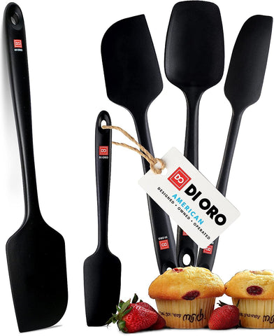 di oro front packaging of 5-piece black spatula set shows professional look and gift-ready appeal