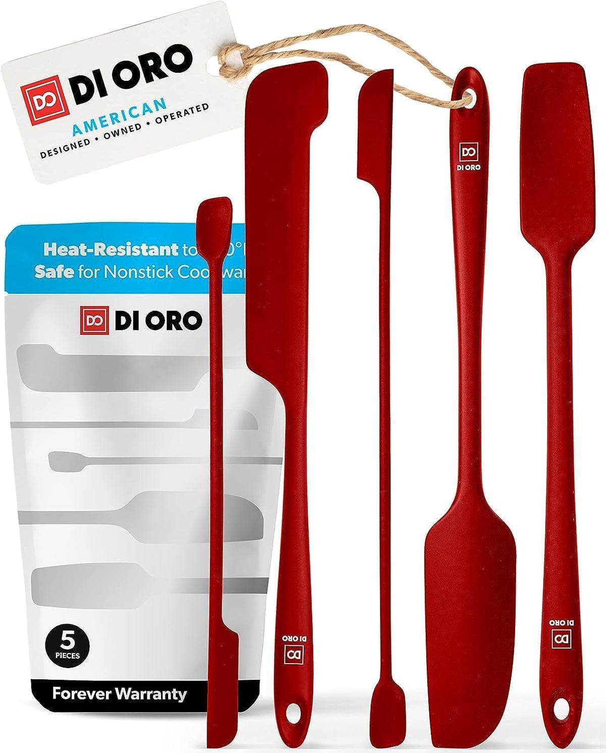 di oro front packaging showing red spatula set and clear product view benefits convenience