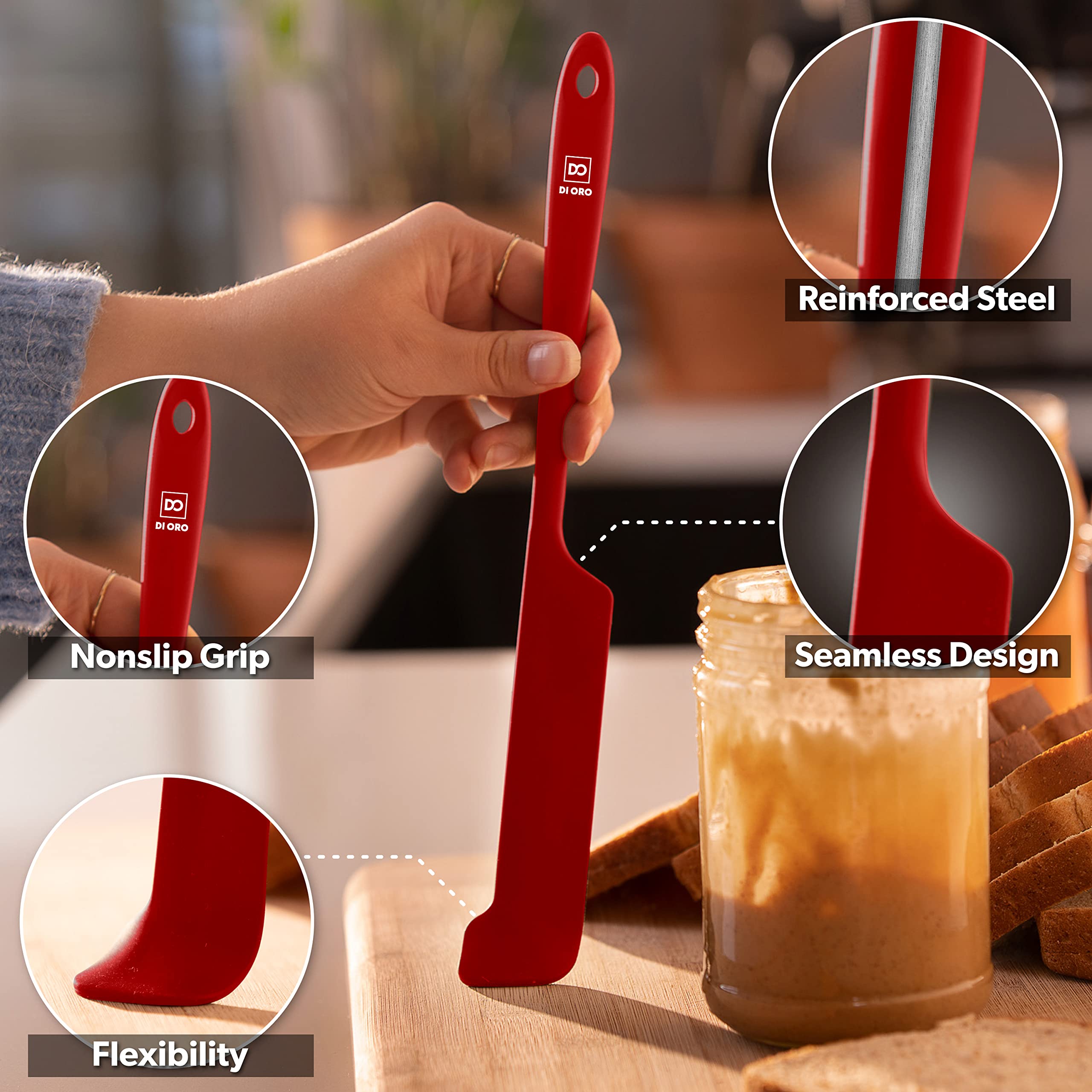 di oro spatula scraping jar interior to remove every last drop and reduce waste