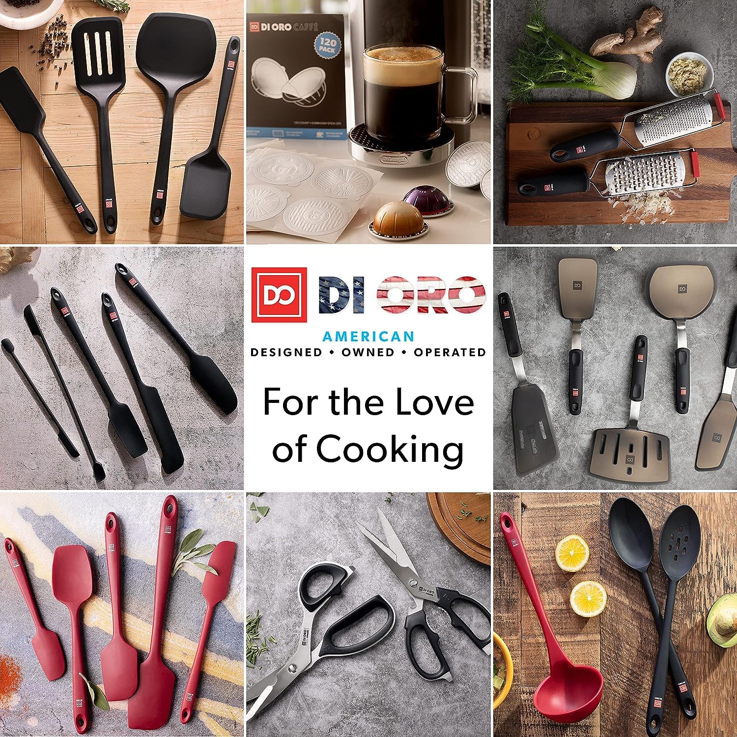 di oro spatulas arranged on kitchen counter showing stylish red finish and everyday use