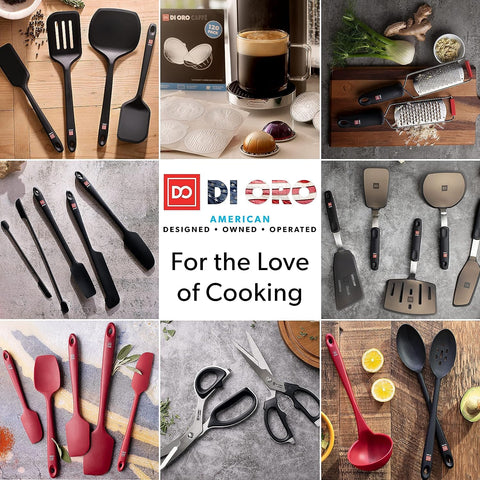 di oro spatulas arranged on kitchen counter showing stylish red finish and everyday use