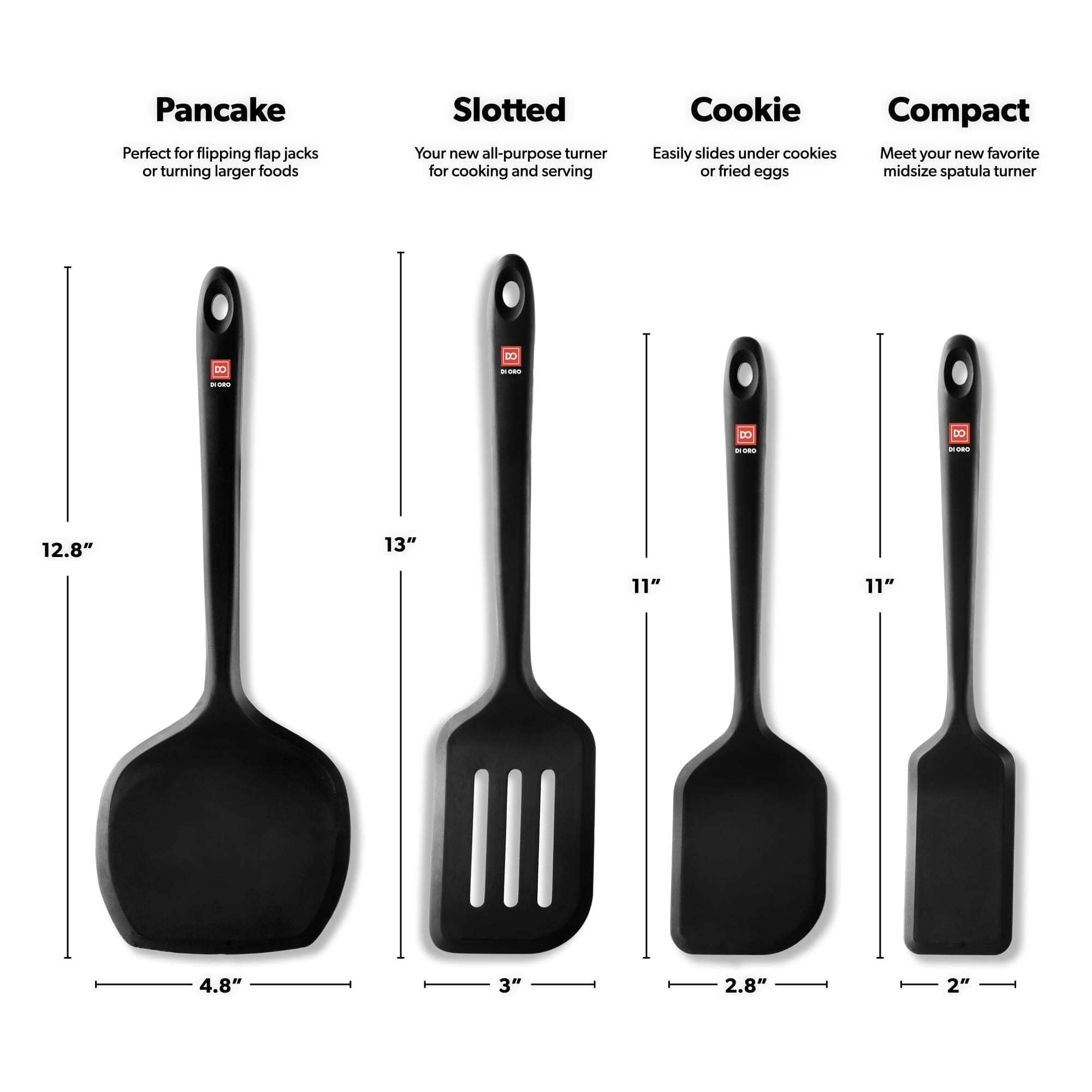 di Oro Living ergonomic handles hanging on rack showing easy storage and access