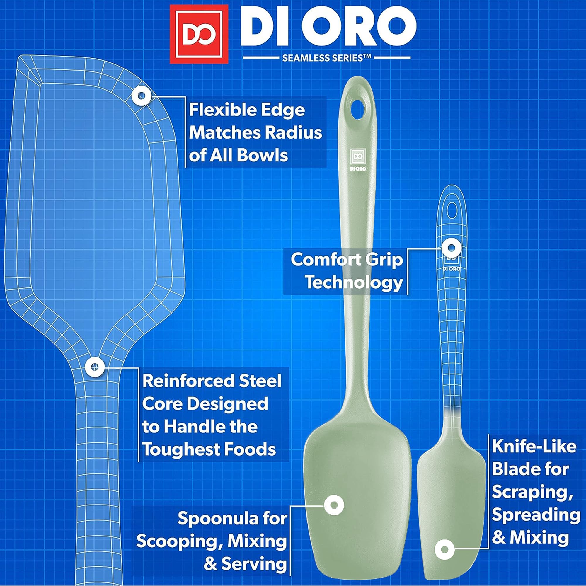 di oro flexible spatula head close-up demonstrating bend and scrape efficiency