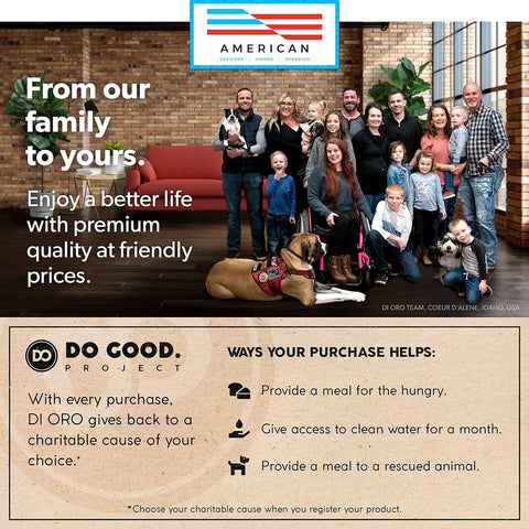 di oro packaging and label display brand, lifetime guarantee, and product info