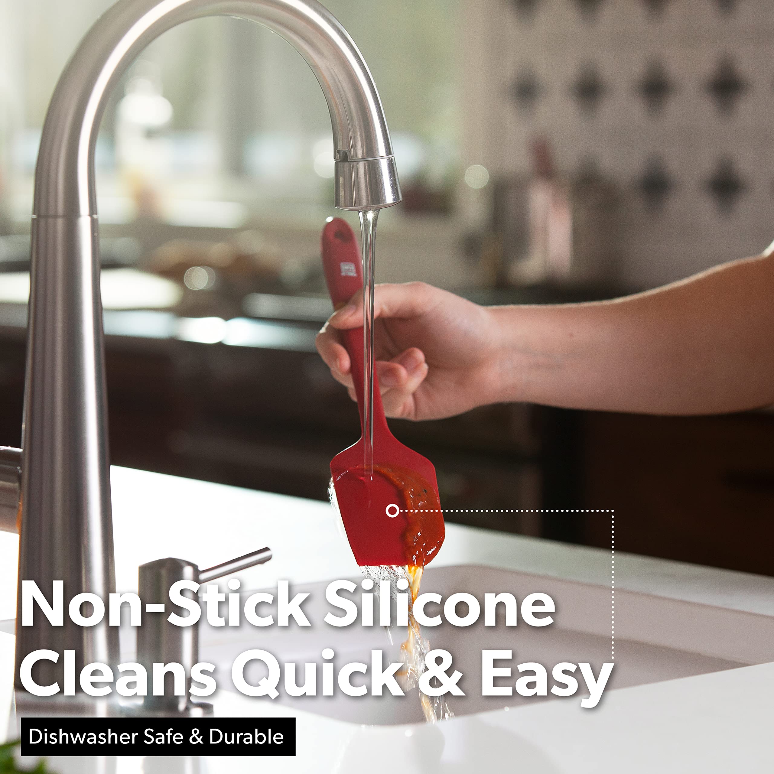 di oro spatula scraping bowl shot cleans batter efficiently and reduces waste